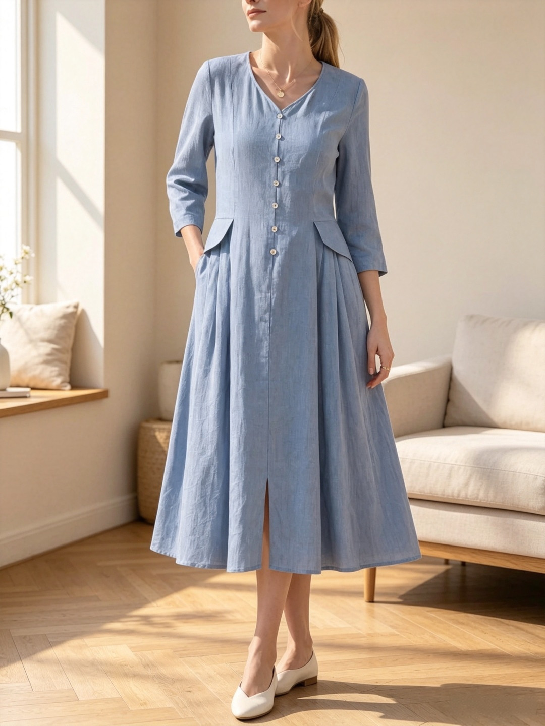 Solid Color High-Waist Loose A-Line Midi Dress with V-Neck and 3/4 Sleeves