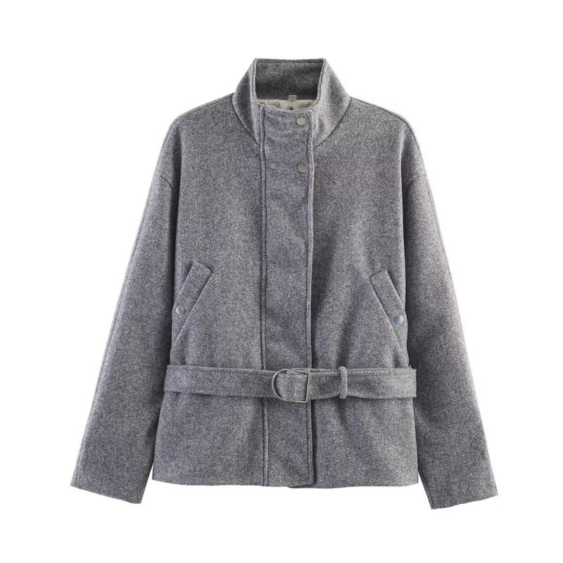 Women's Loose Zip Belted Stand Collar Woolen Jacket