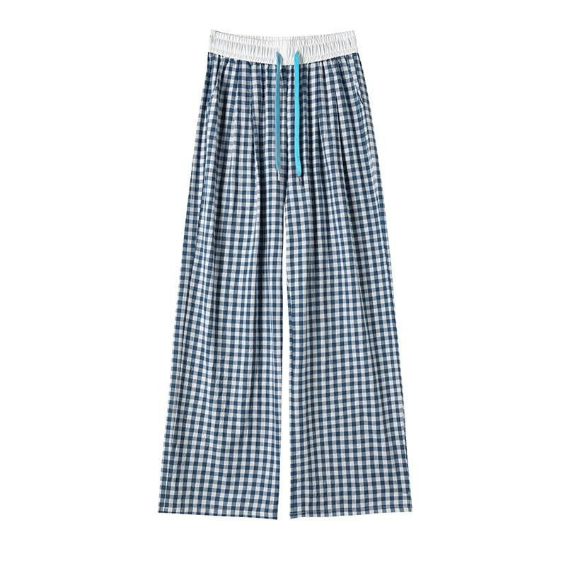 Women's Plaid Wide-Leg Pants High Waist Drawstring