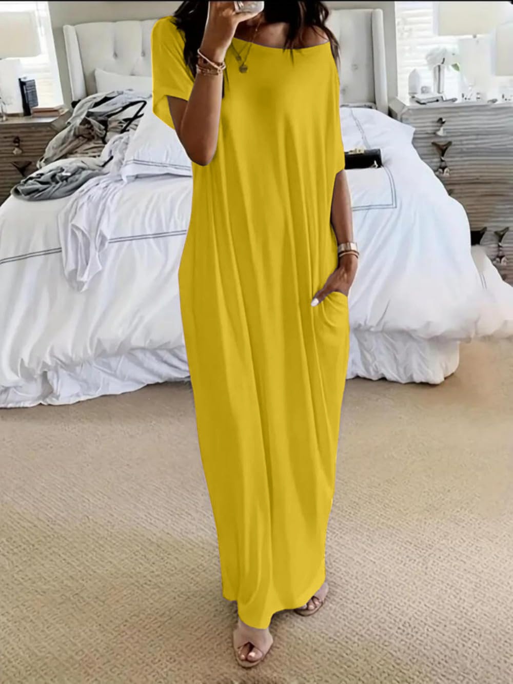 Women's Solid Short-Sleeve Long Casual Dress