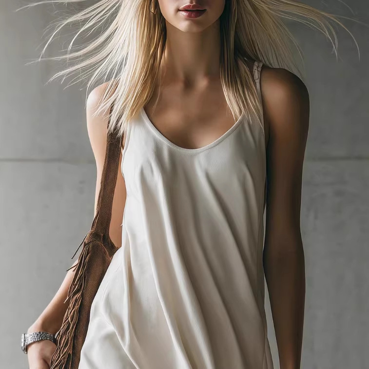Elegant Faux Suede Fringe Hem Sleeveless Dress White