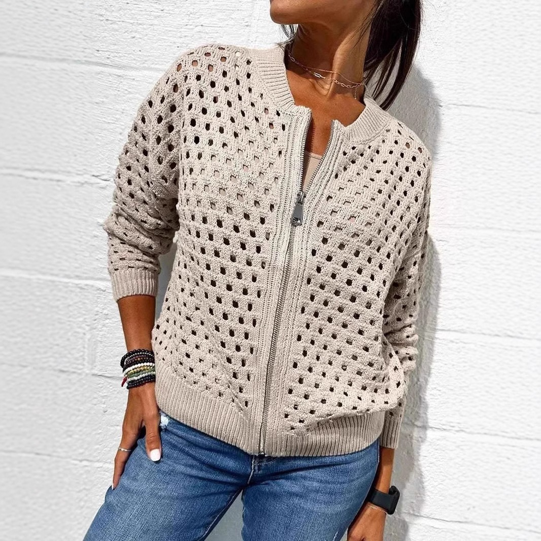 Women's Open-Knit Zip-Up Jacket Casual Lightweight Outerwear