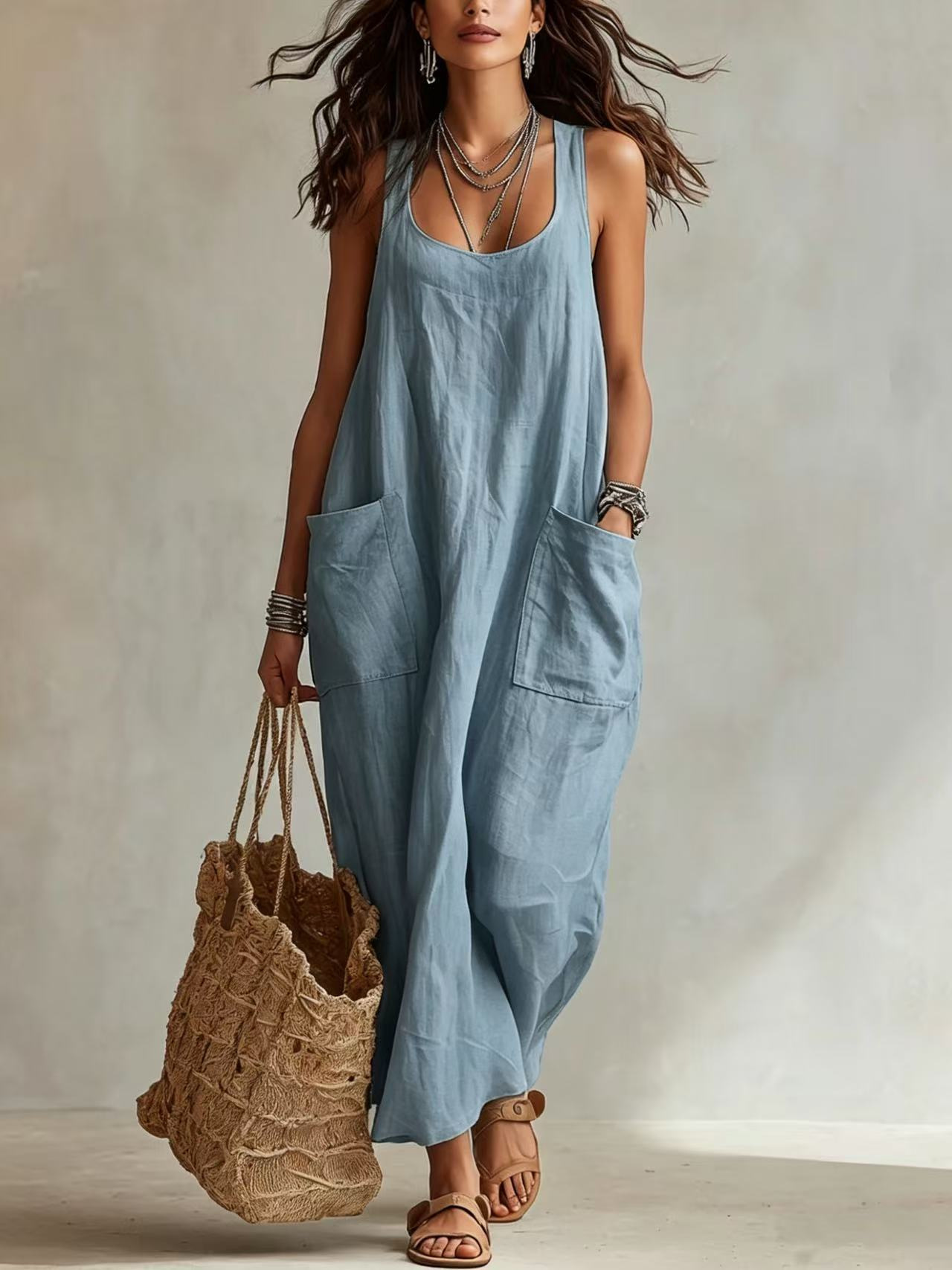 Women's Sleeveless Maxi Dress with Pockets Casual Solid Color