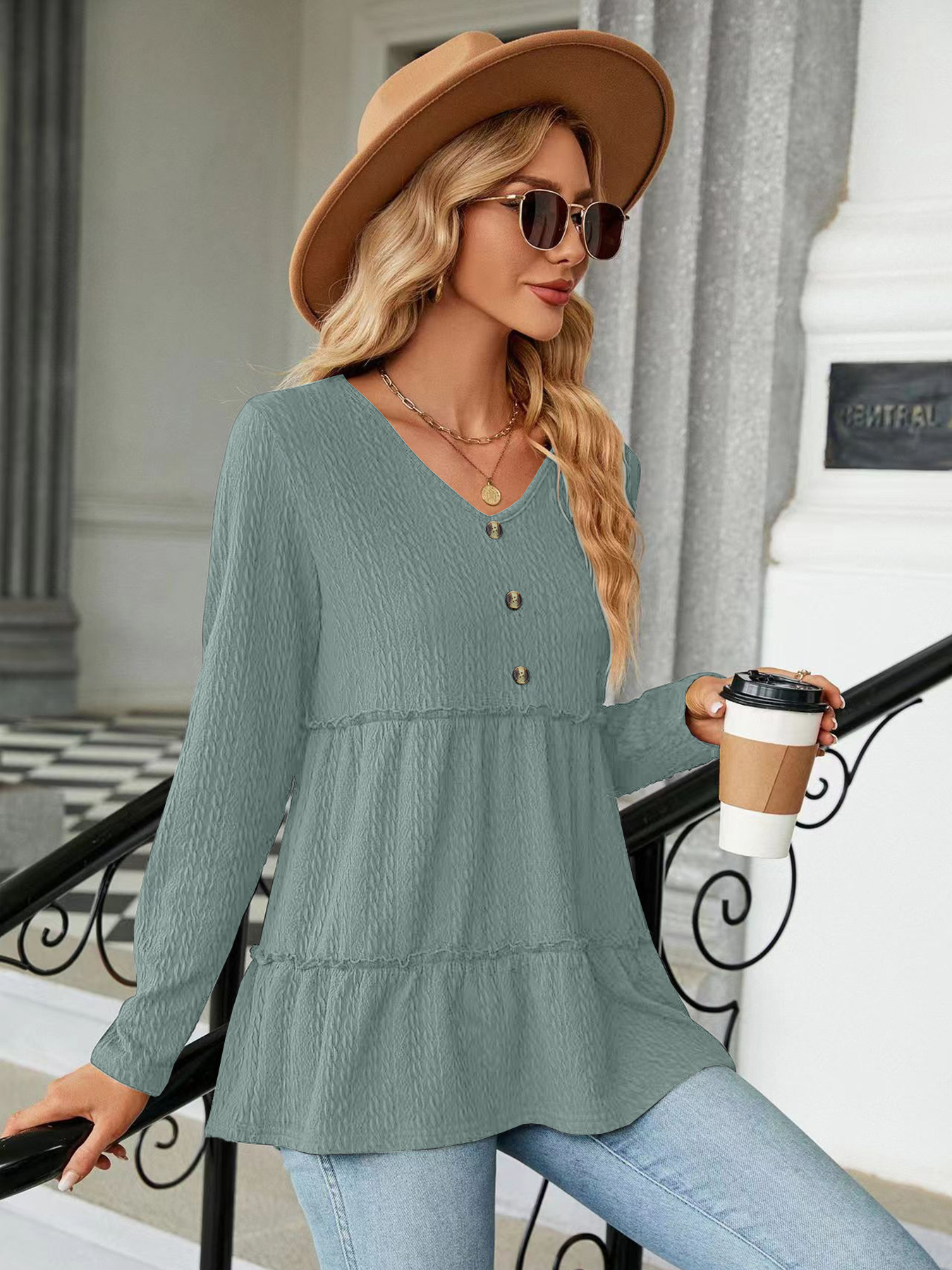 Solid V-Neck Button-Detail Loose Long-Sleeve T-Shirt