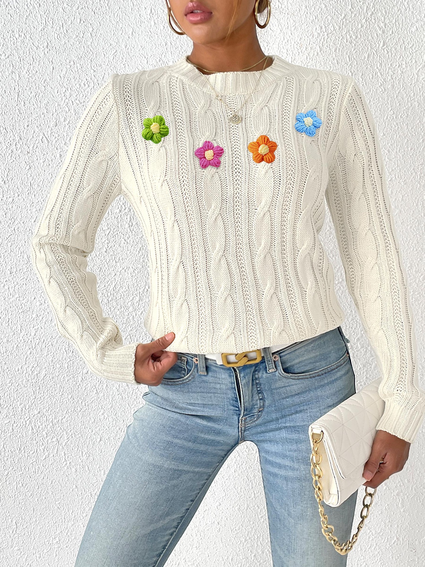 Women's Round Neck Pullover Sweater with Hand-Crochet Floral Appliqué