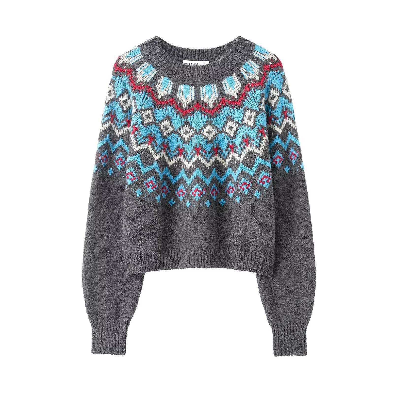 Women's Color-Block Jacquard Knit Top Crew Neck Long Sleeve