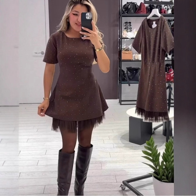 Rhinestone Hem Mesh Ruched Solid Color Commuter Dress