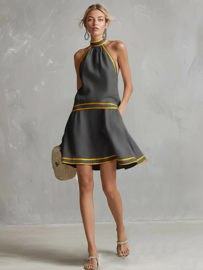 Striped Trim Halter Sleeveless A-Line Dress