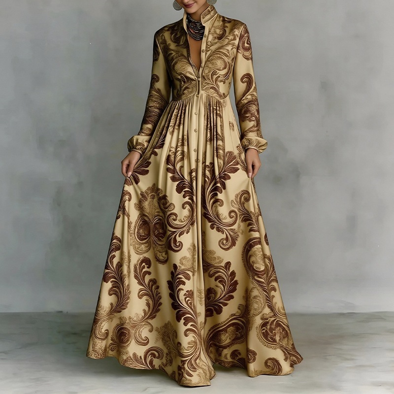 French Style Printed Long Dress with Collar, Loose Casual Vacation Dress