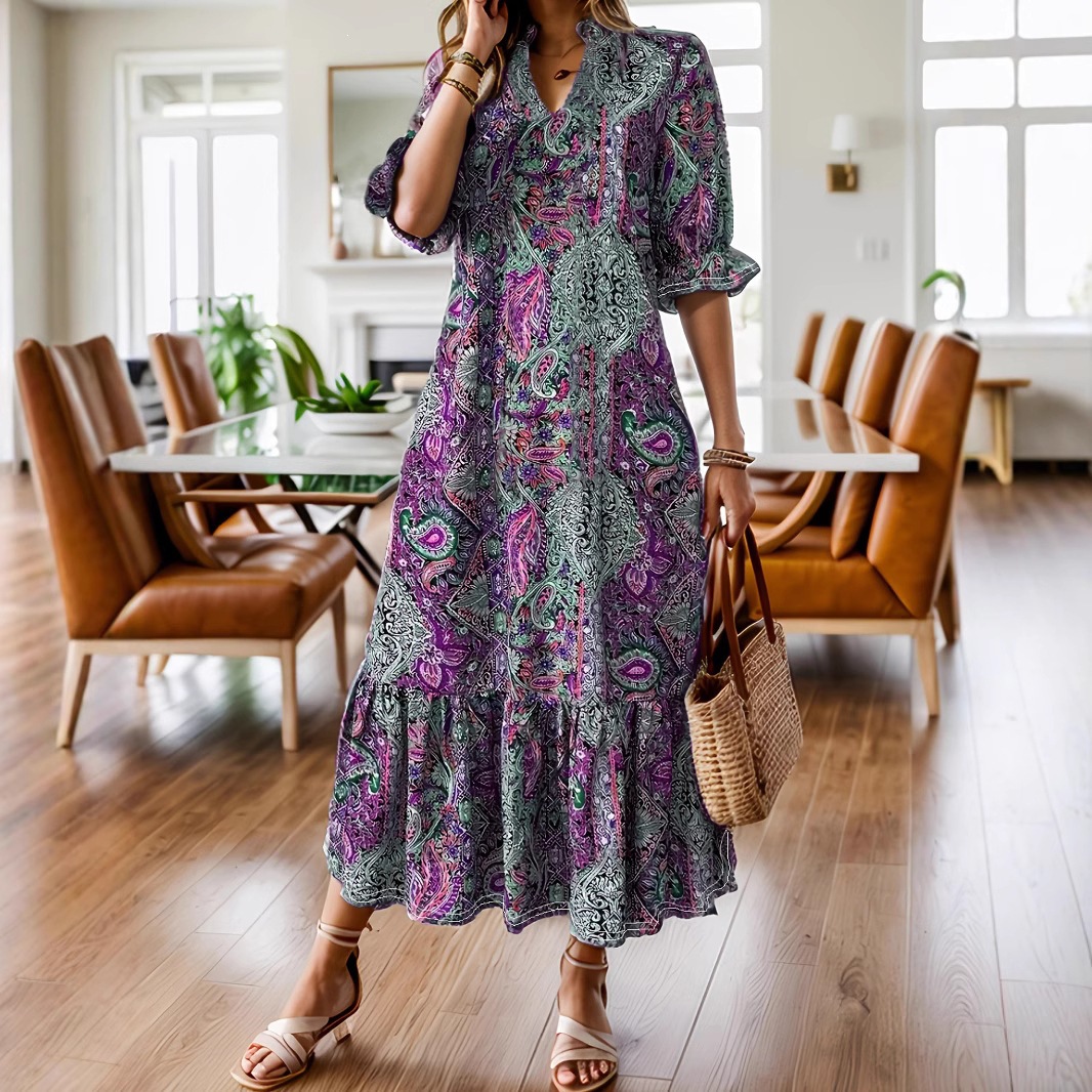Bohemian Floral Print Maxi Dress with Mandarin Collar and Layered Ruffle Hem