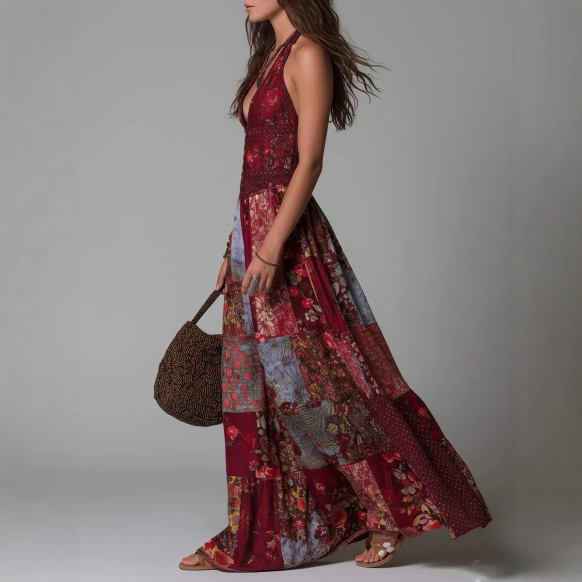 V-Neck Waist-Cinching Ruffle Floral Midi Dress