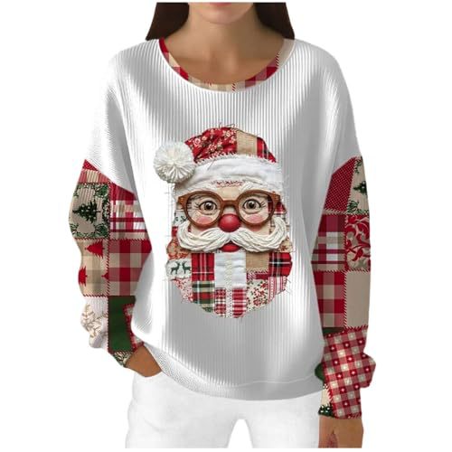 Women's Christmas Santa Plaid Print Sweatshirt with Cartoon Glasses