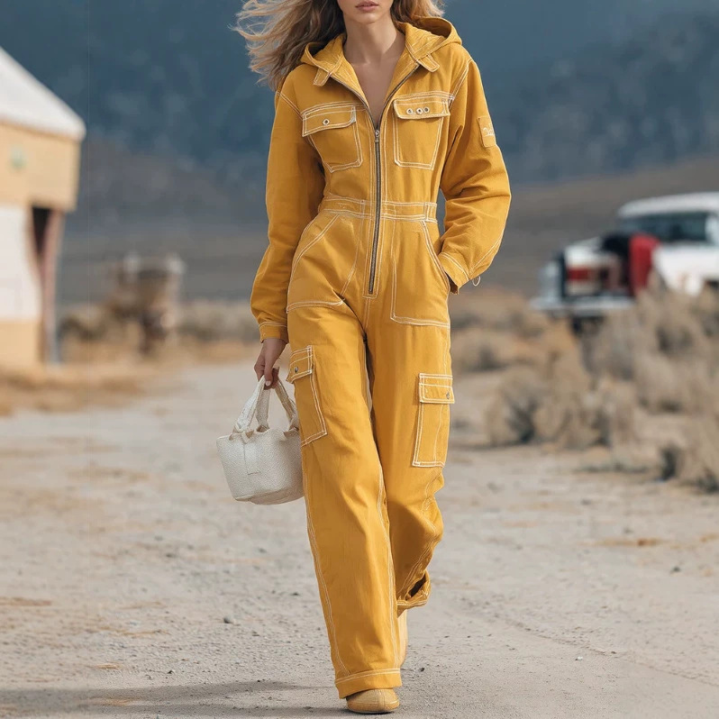 Vintage Hooded Wide-Leg Jumpsuit with Large Pockets