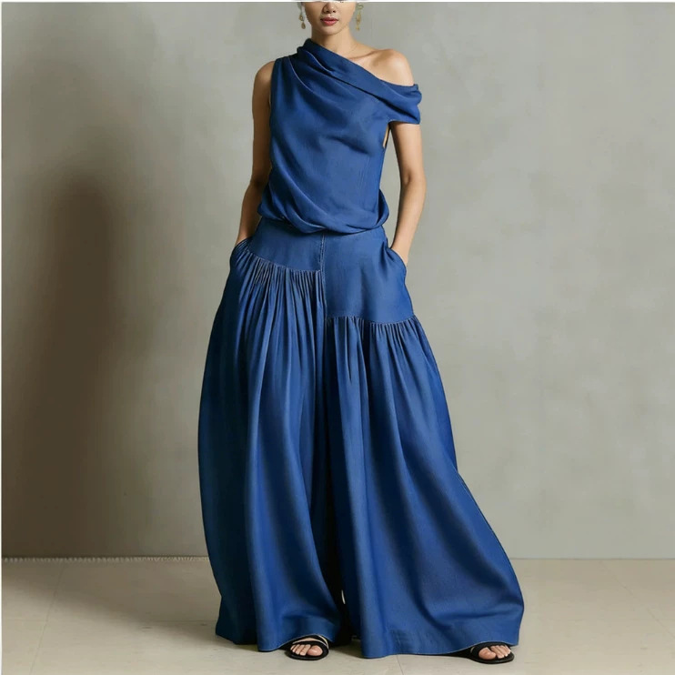 Sleeveless High-Waist Pleated Linen-Blend Skirt Set