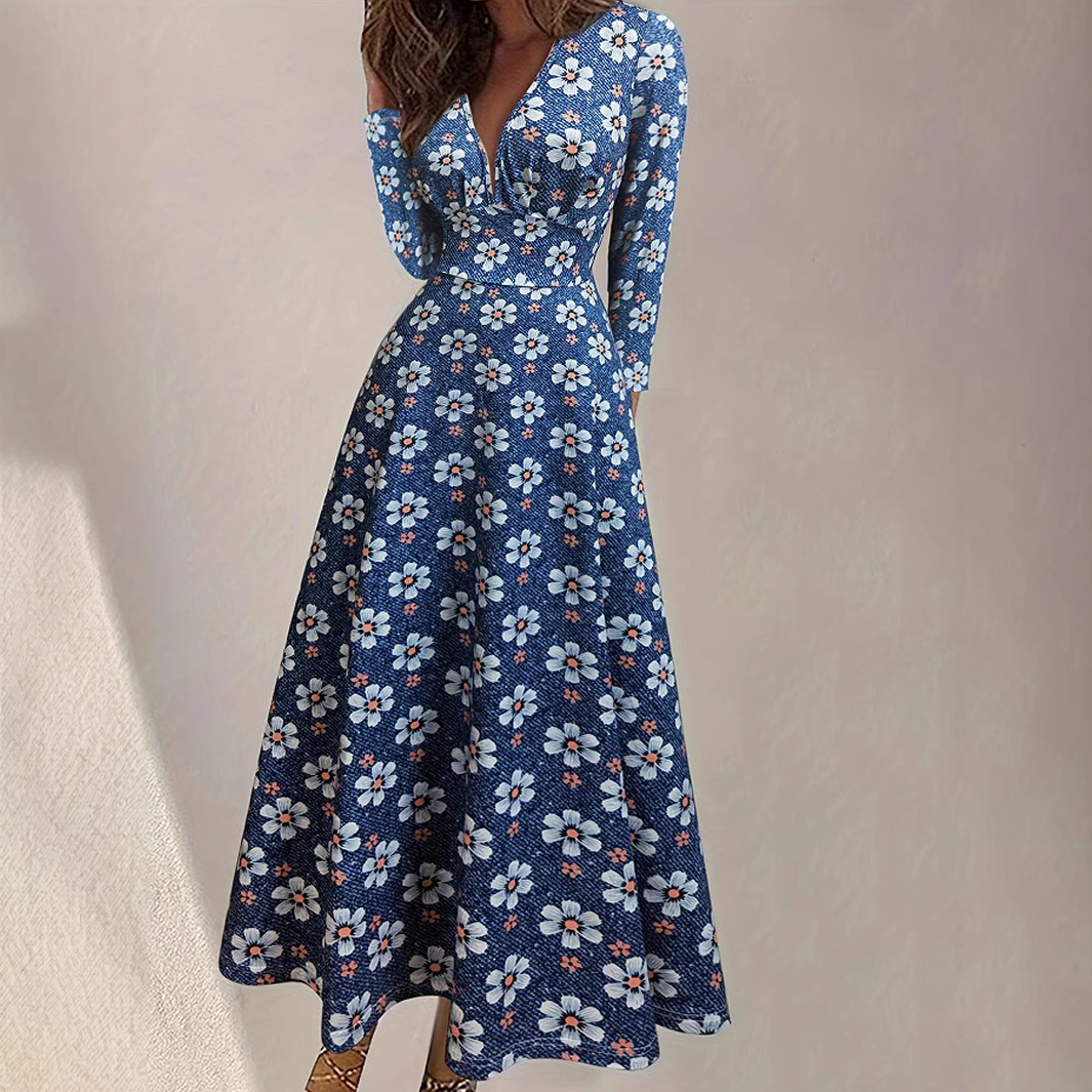 Women's Digital Floral Print Deep V-Neck Long Sleeve A-Line Maxi Dress