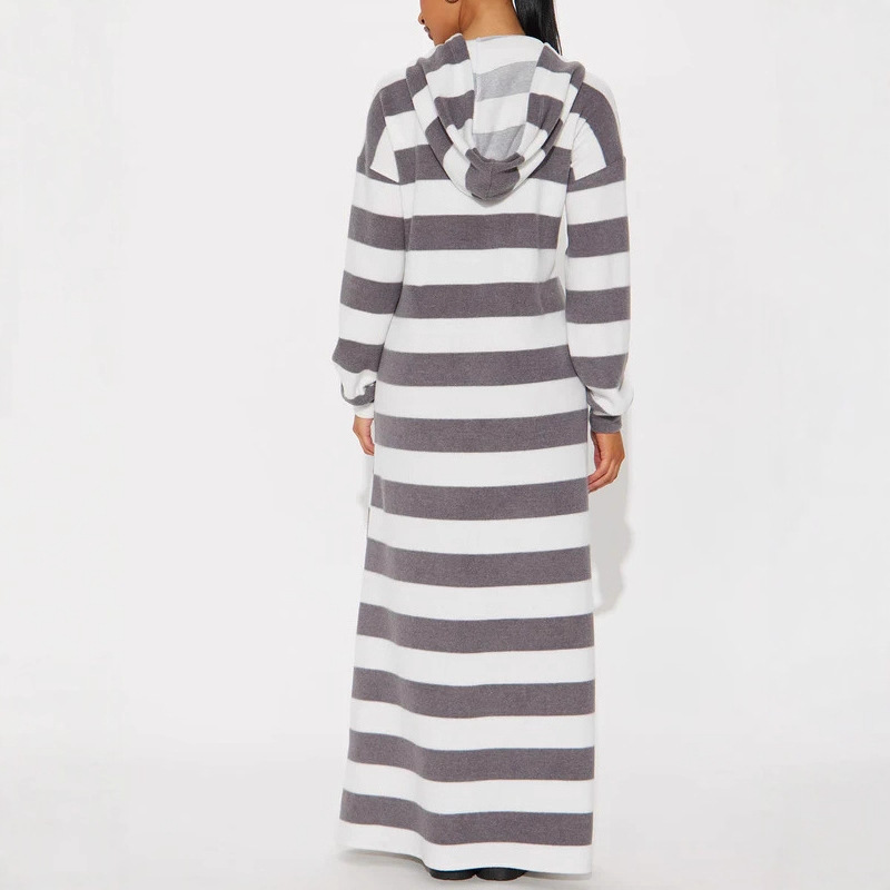 Women's Striped Long Hoodie Dress with Drawstring