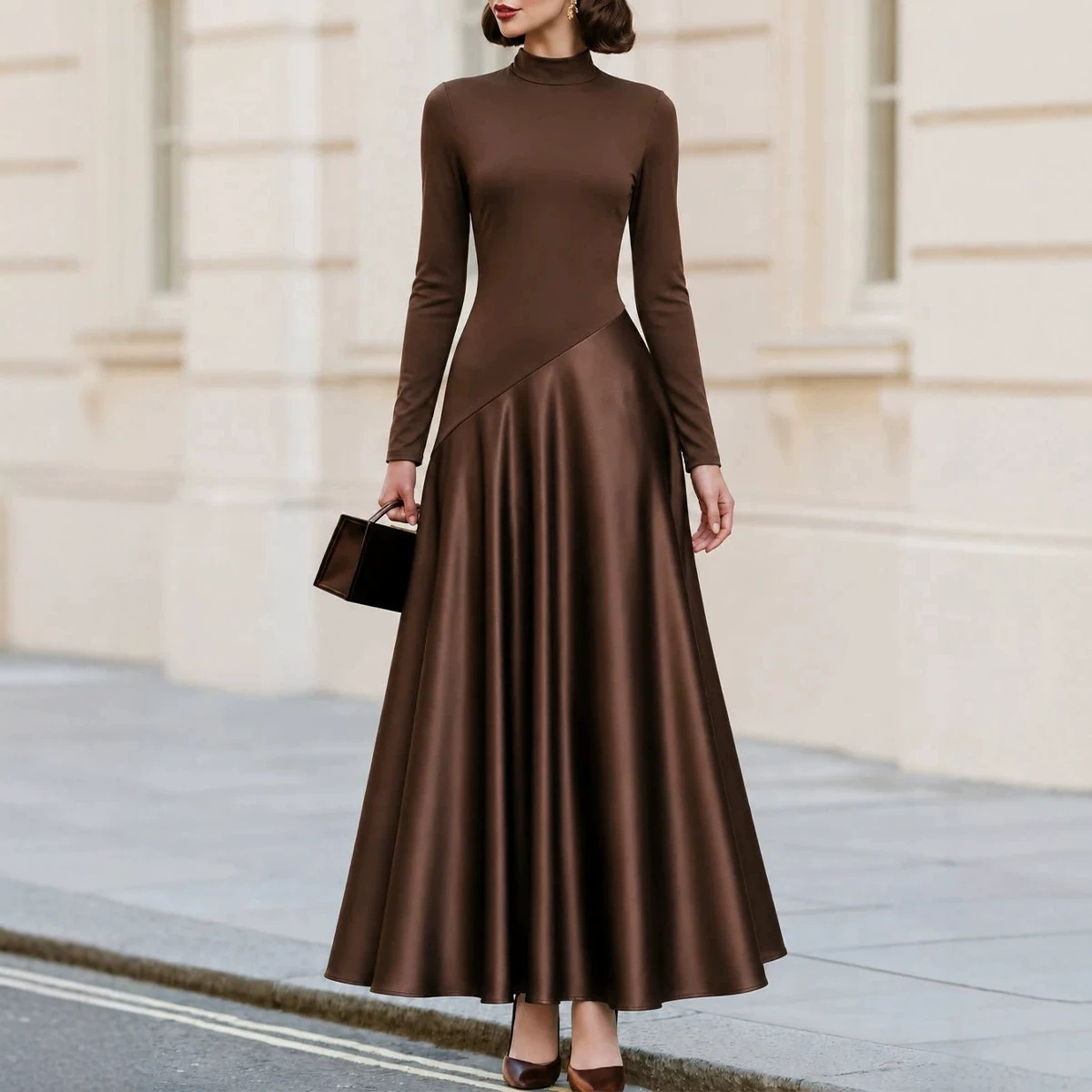 Brown Satin Paneled Long Sleeve Mock Neck High Waist Maxi Dress