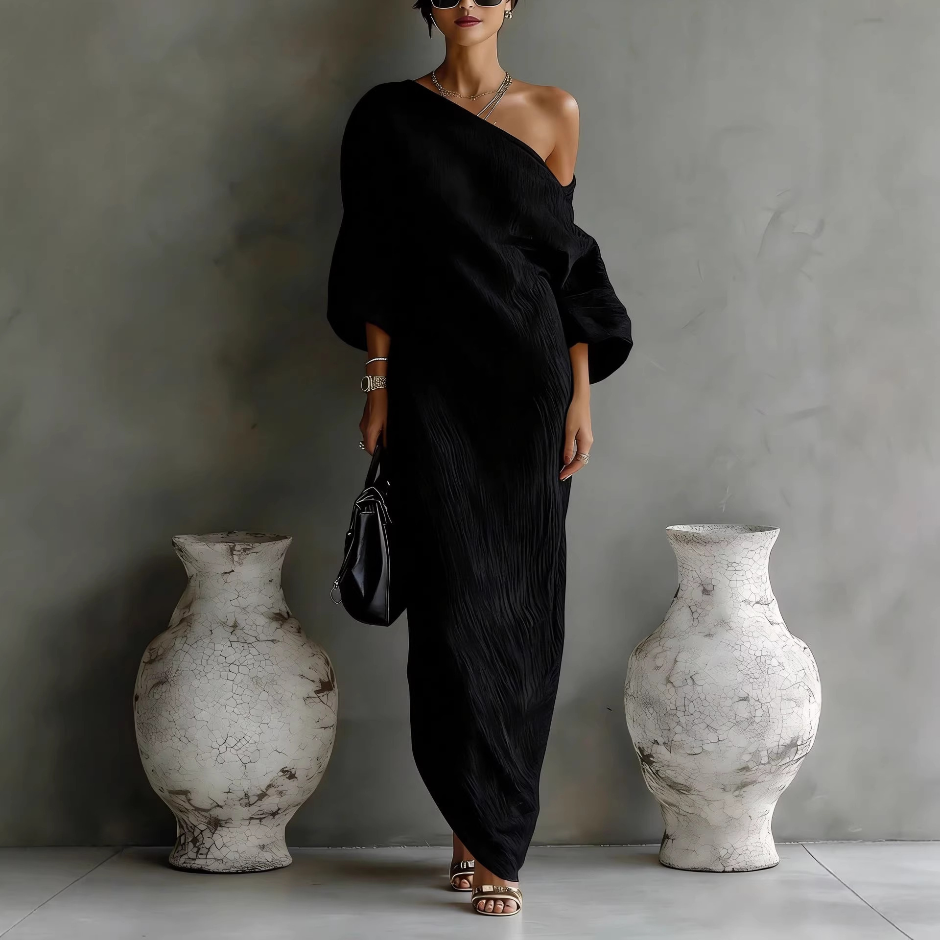 Women's Long Sleeve Off-Shoulder Midi Dress Solid Color Slim Fit