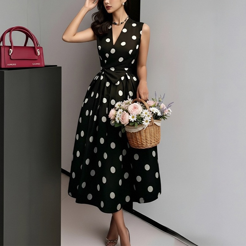 French Vintage Polka Dot High-Waist A-Line Midi Dress