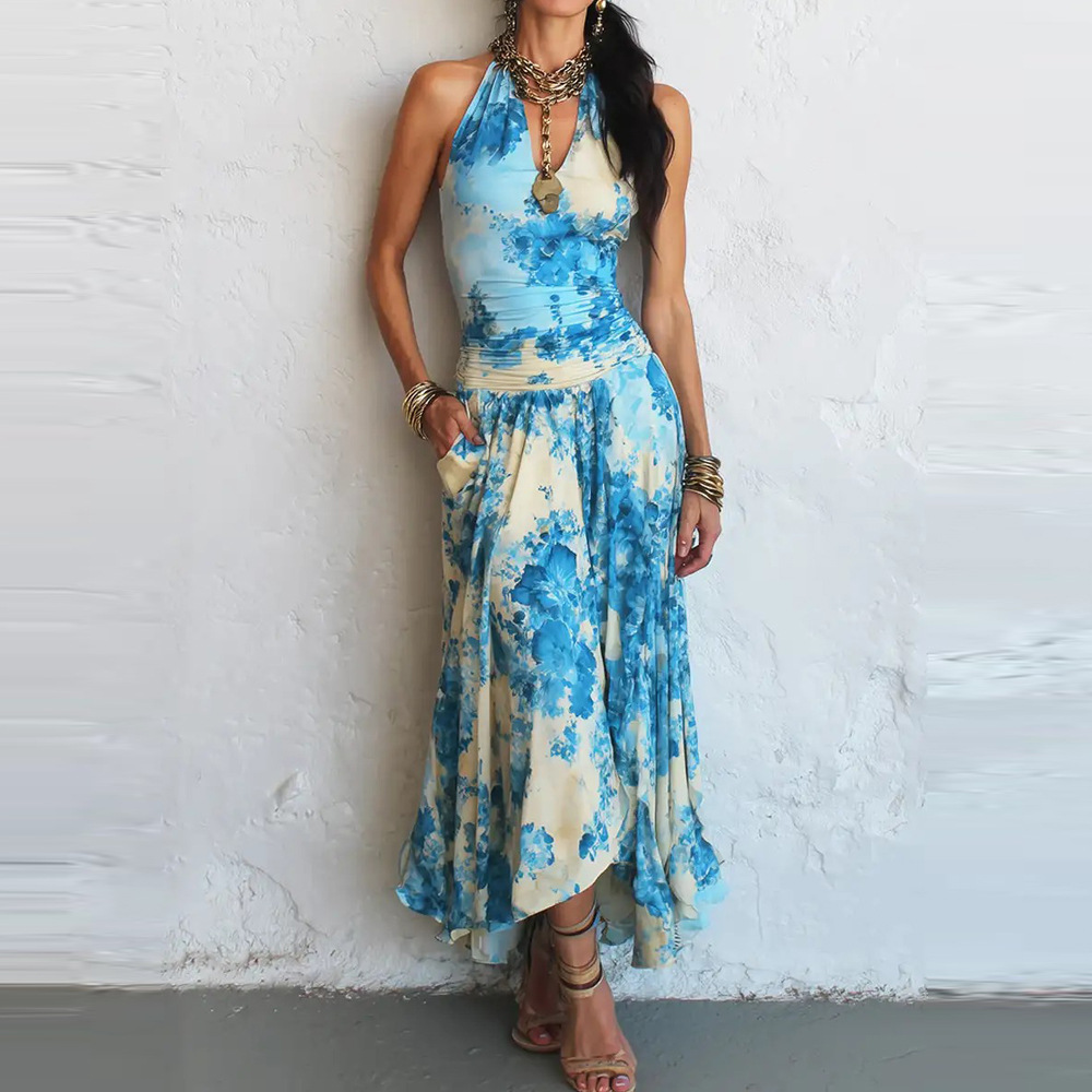 Floral Print Sleeveless Halter Neck Bodycon Long Dress