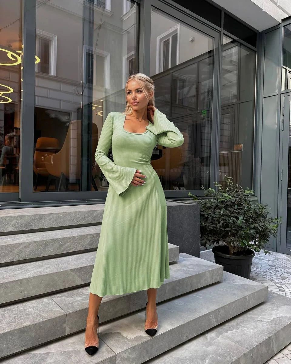 Women's Loose Fit High Waist Ribbed Long Sleeve Dress with Back Tie and Flared Sleeves