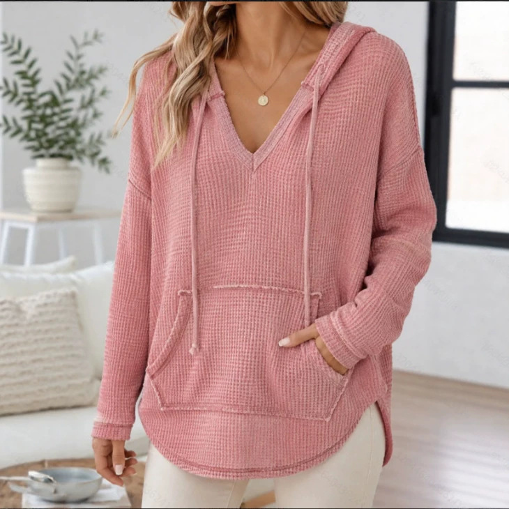 Women's Waffle Knit Hooded Sweatshirt Long Sleeve Casual Pullover
