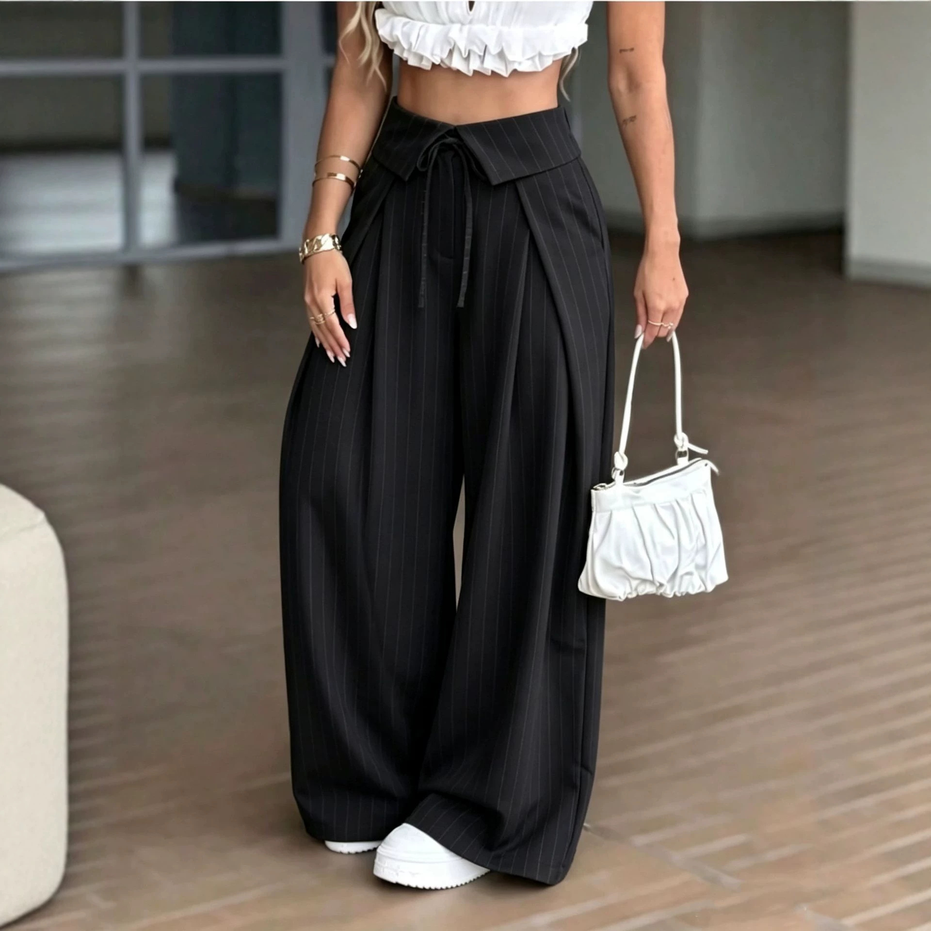 High-Waist Striped Wide-Leg Suit Pants Casual Trousers