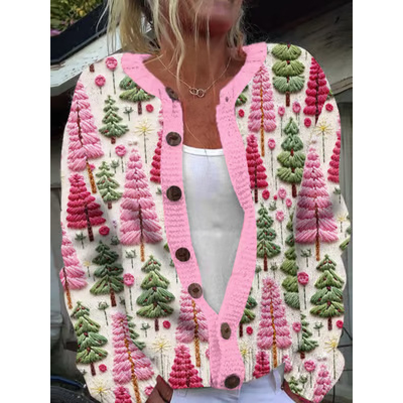 Women's Snowman & Tree Print Button Cardigan Sweater