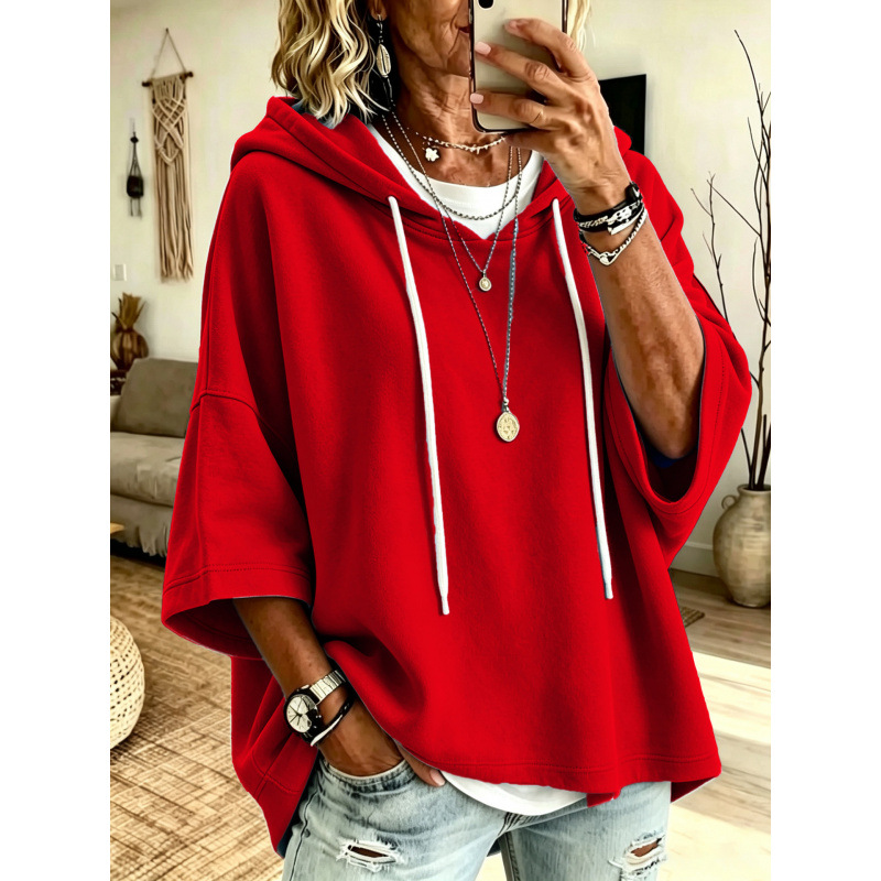 Women's Solid Color Hooded Pullover Sweatshirt with Three-Quarter Sleeves