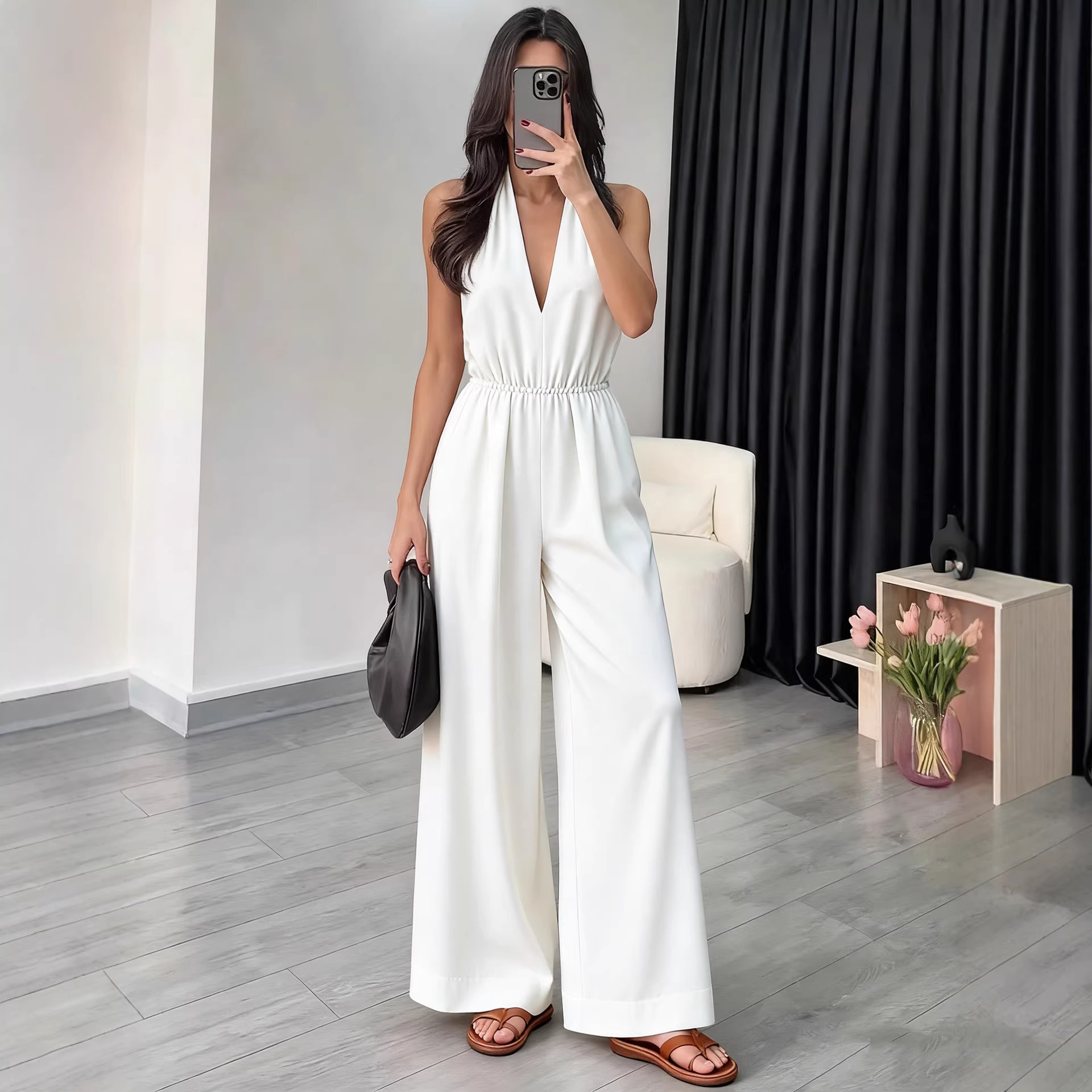 Women's V-Neck Halter Sleeveless Jumpsuit Solid Color Wide-Leg
