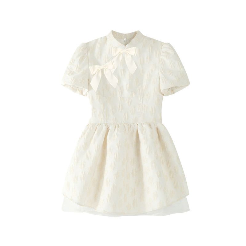 New Chinese Style Bow Jacquard Mesh Mini Dress with Cinched Waist