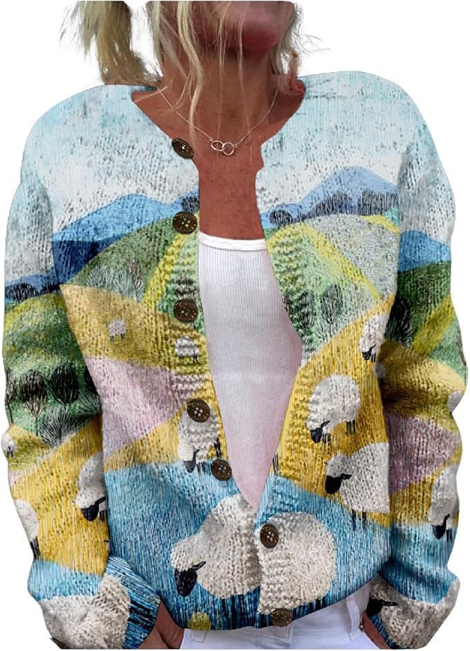Women's Winter Graphic Print Faux Sweater Cardigan with Button Front