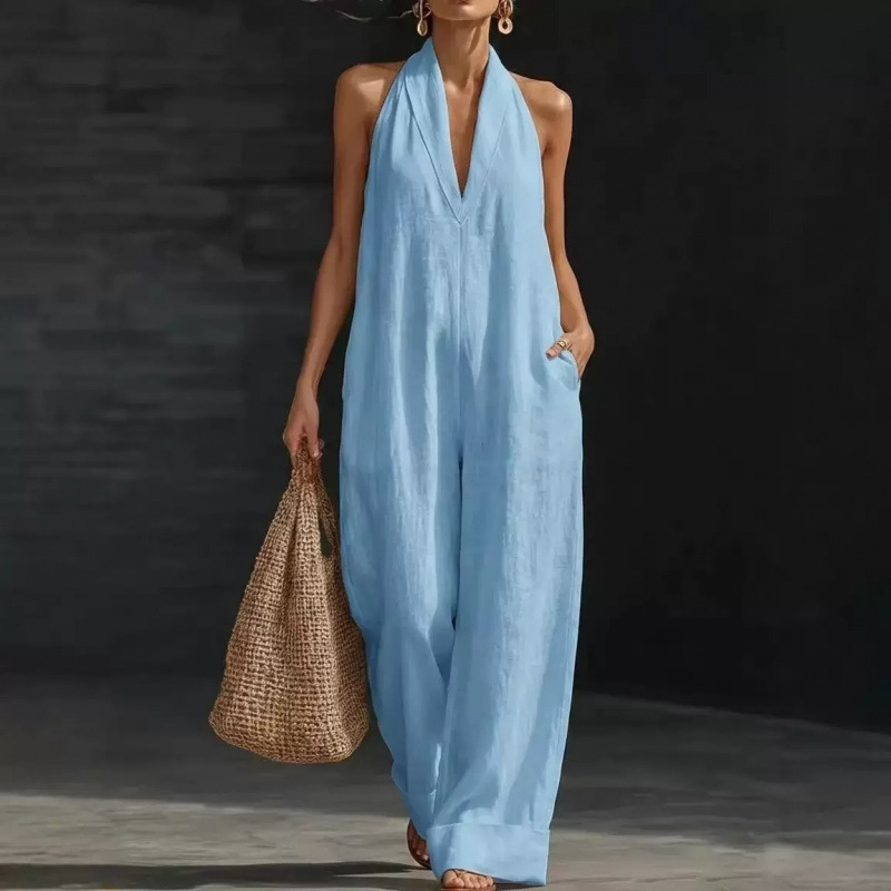 Women's Solid Color Sleeveless V-Neck Halter Jumpsuit