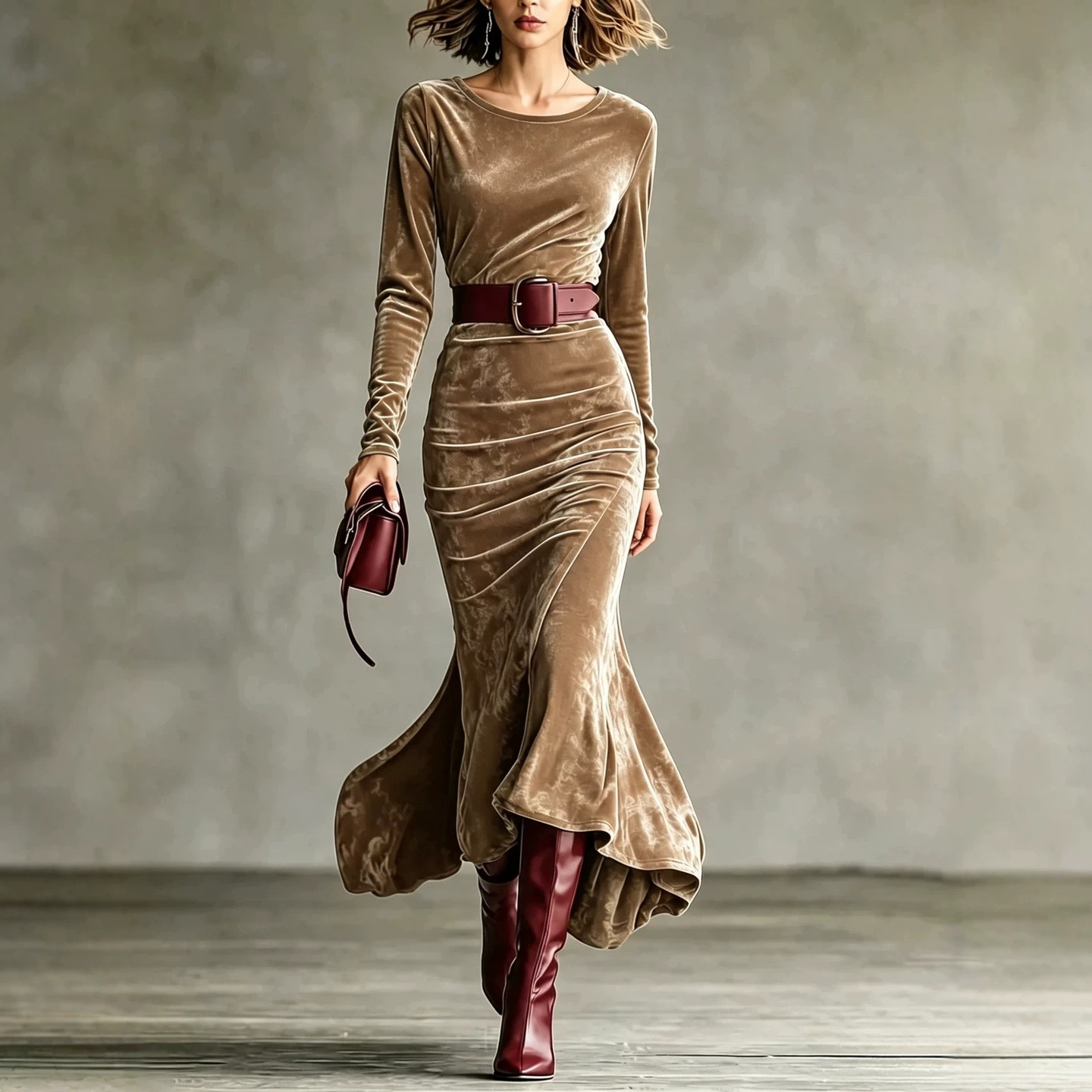 Elegant Velvet Long Sleeve Round Neck Slim Fit Mermaid Dress