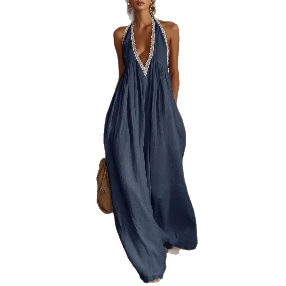 Lace-Trim Loose Linen Jumpsuit