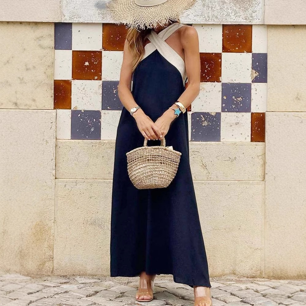 Elegant Halter Cross Back Color Block Maxi Dress