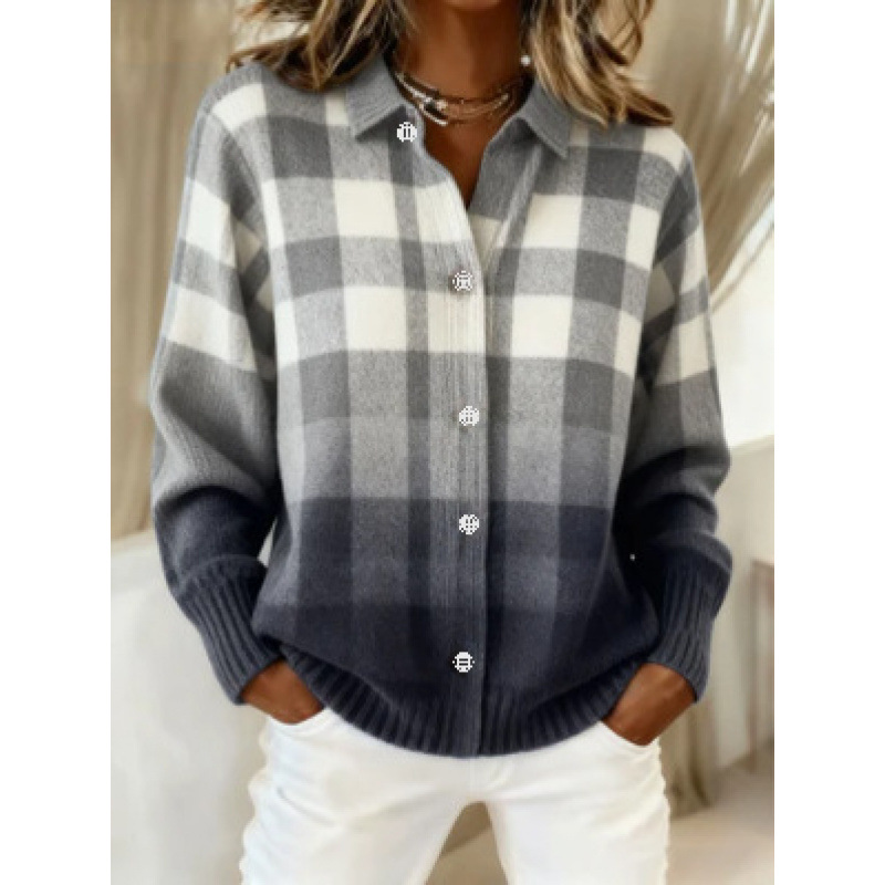 Women's Collared Button-Front Cardigan Sweater, Solid 3D Print Knit, Loose Fit