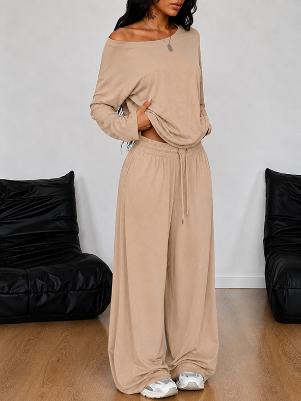 Women's Casual Loungewear Set Long Sleeve Top & Wide Leg Pants