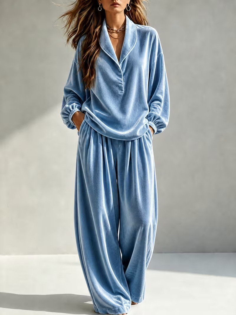 Velvet Long Sleeve Collared Top and Wide-Leg Pants Set