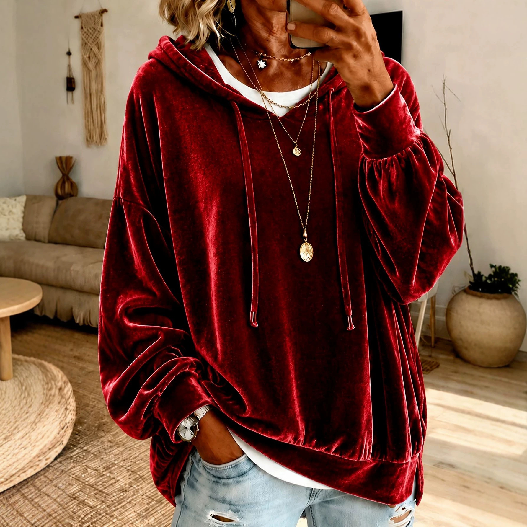 (Annuo Self-Developed) 2026 Women's Velvet Hooded Sweatshirt Loose Long-Sleeve Top for Amazon and Independent Sites