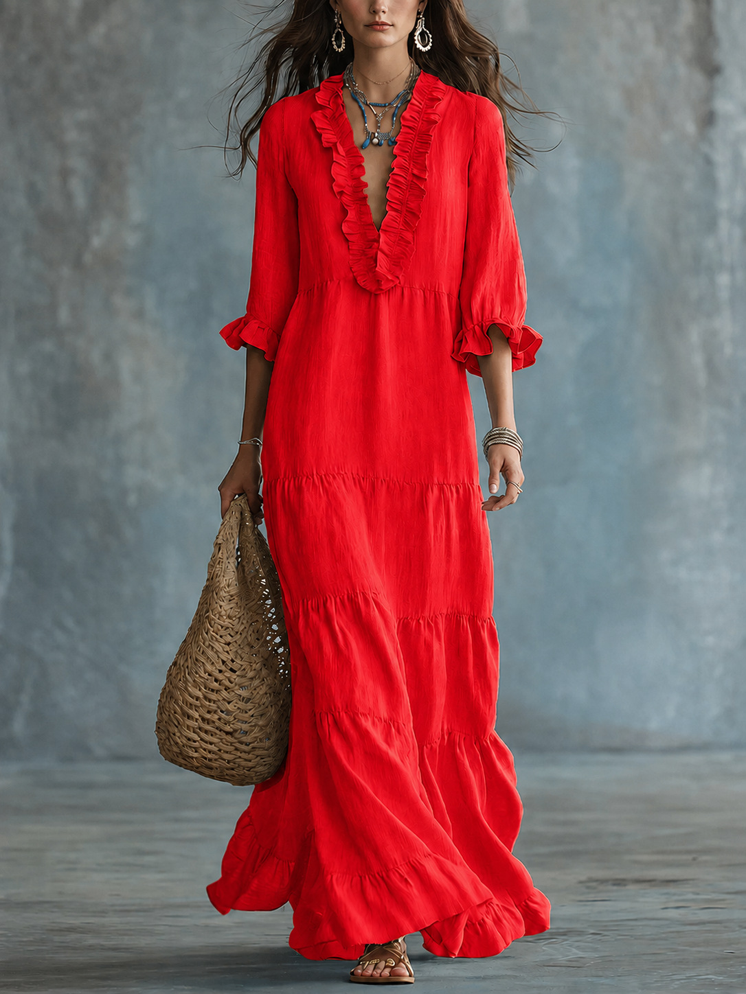 Women's Boho V-Neck Tiered Ruffled Maxi Dress