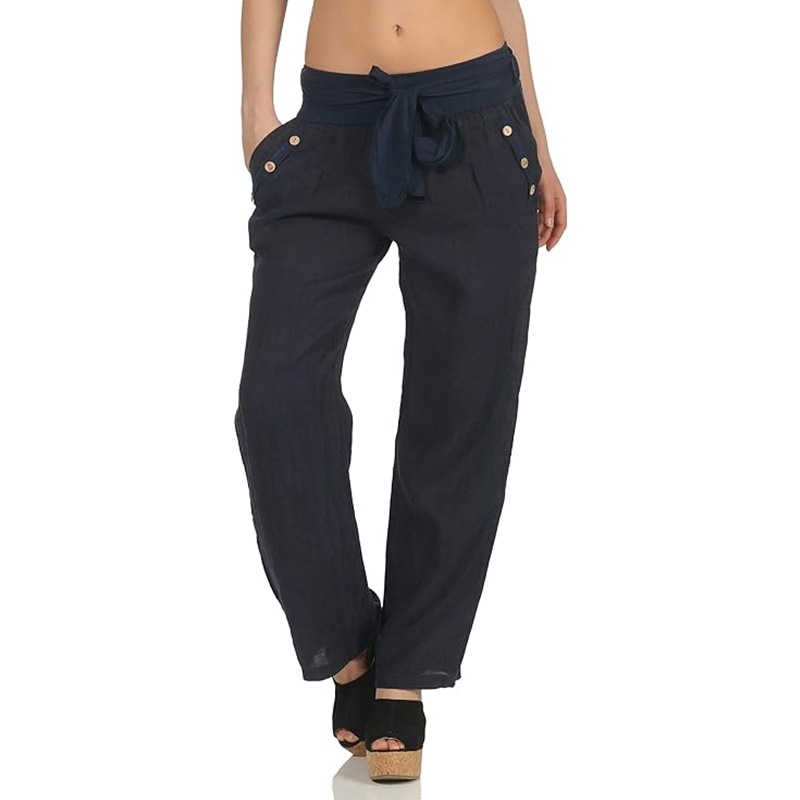 Women's Cotton-Linen Straight-Leg Pants with Belt