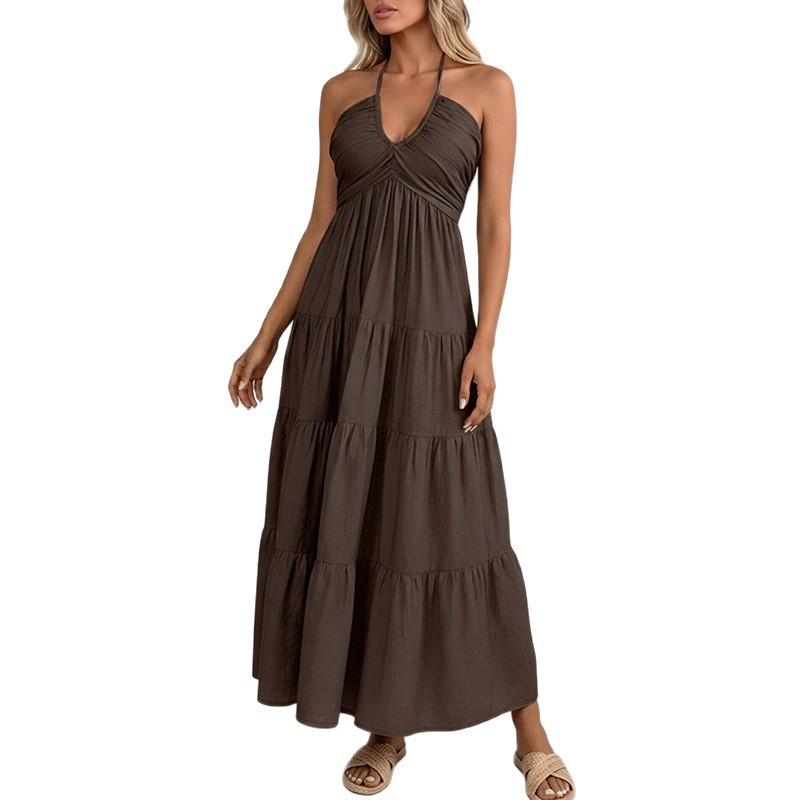 French-Style Elegant Solid Halter Neck Long Dress