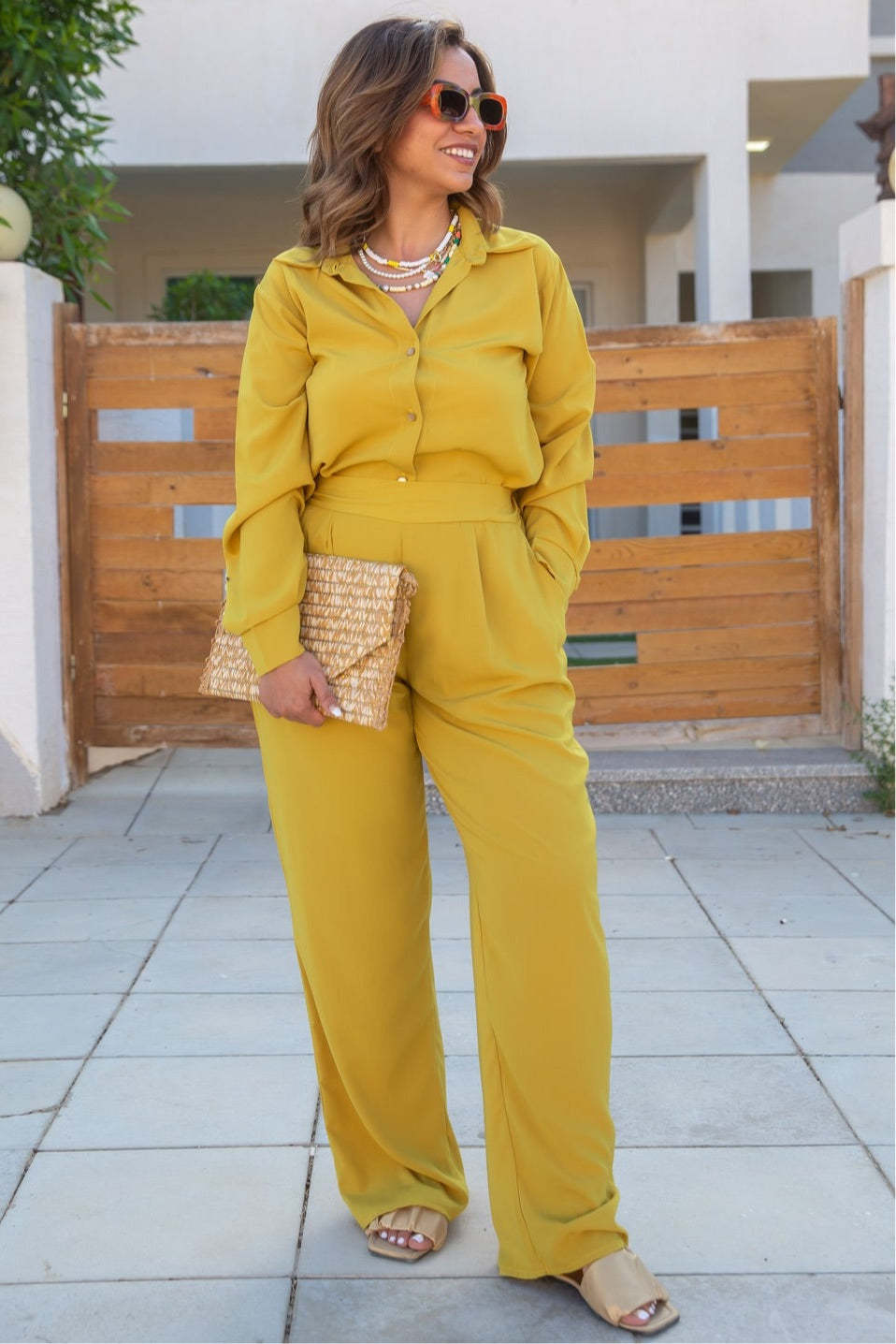 V-Neck Loose Wide-Leg Pant Set