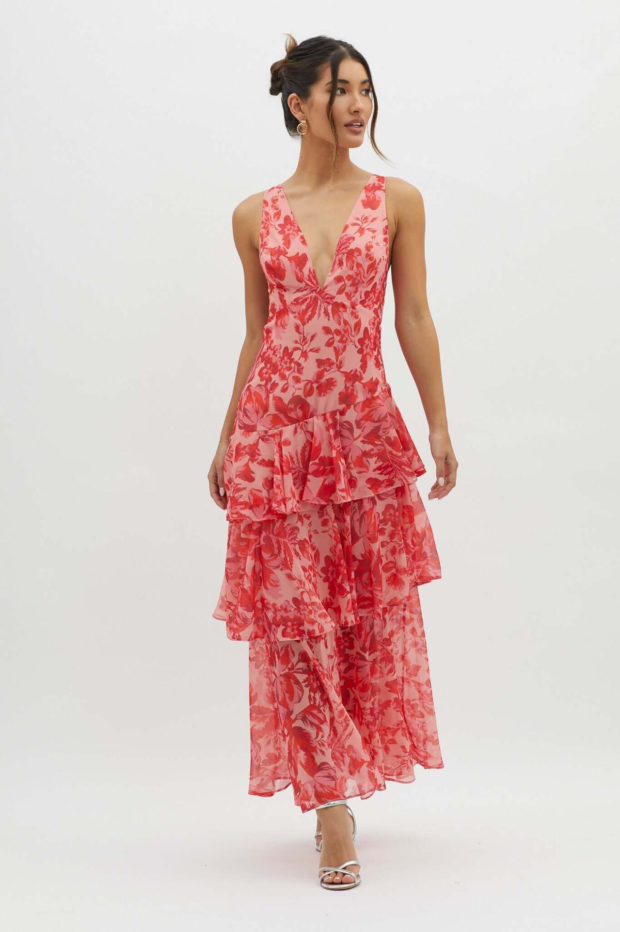 Women's Halter V-Neck Chiffon Dress Slim Fit Ruffle Asymmetrical Hem