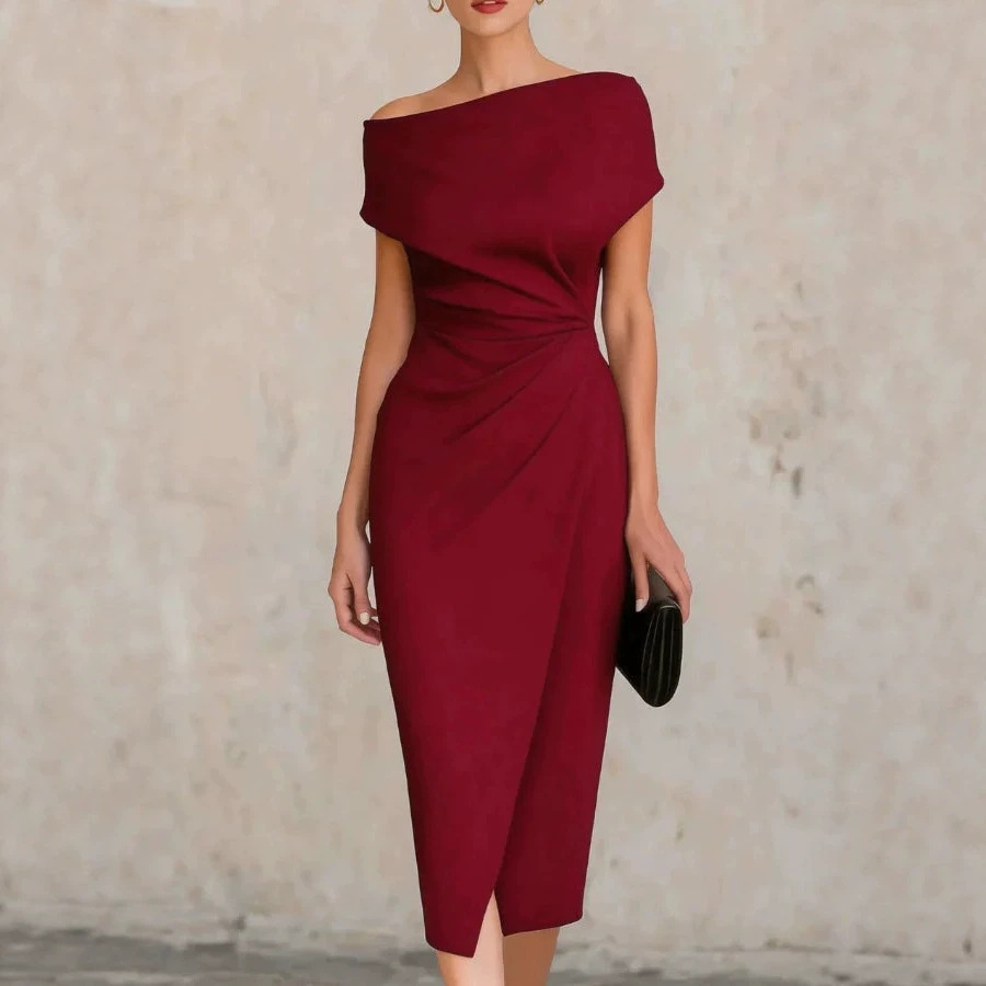 Navy One-Shoulder Twist Waist Slit Bodycon Midi Dress
