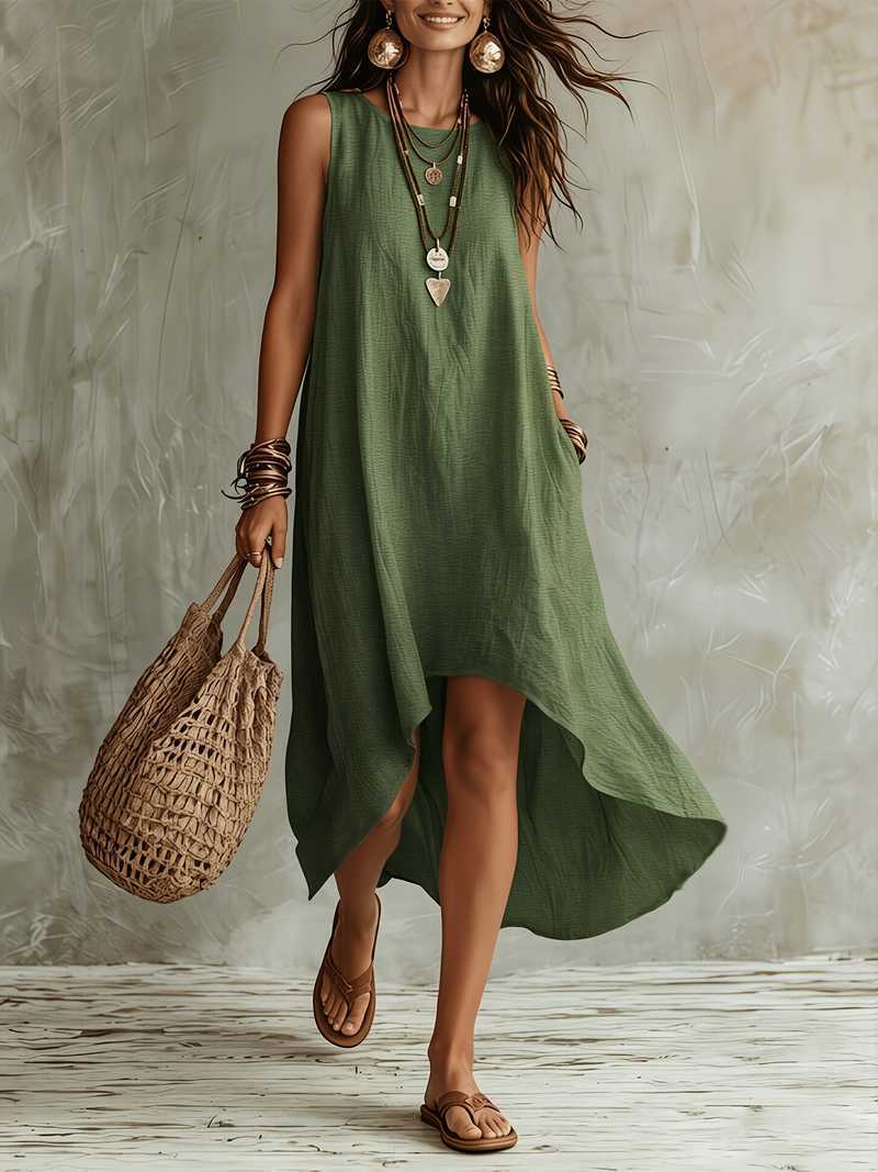 Solid Sleeveless A-Line Maxi Dress Round Neck Loose Fit