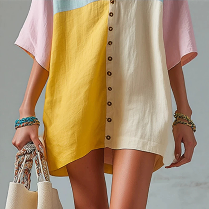 Color-Block V-Neck Loose Casual Dress