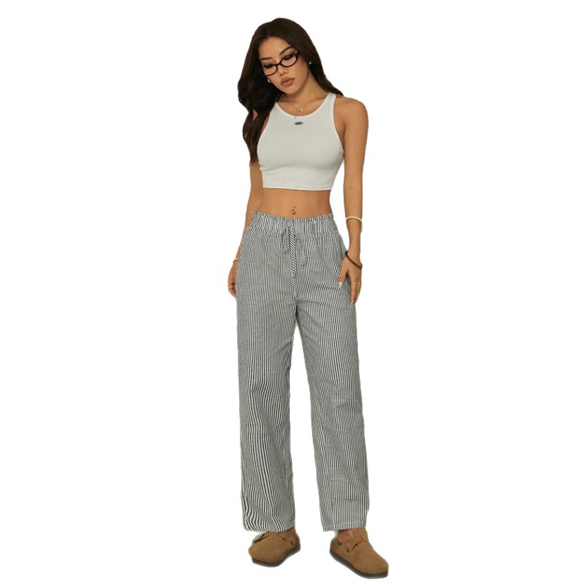 Women's Striped Elastic Waist Straight Leg Casual Pants