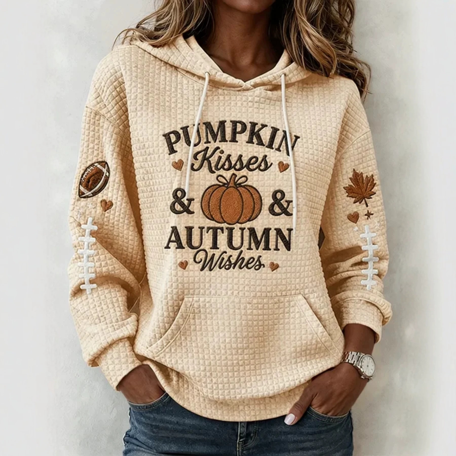 Pumpkin Football Waffle Knit Loose Fit Hoodie Women's Top